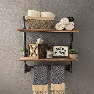 Bathroom Pipe Shelves with Towel Bar Over Toilet 24 Inch Pine Wood Floating Shelves Wall Mounted for Bedroom Kitchen - 1 of 4