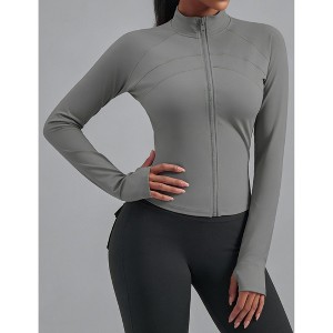 Women's Long Sleeve Zip Up Crop Top Slim Fit Workout Jacket with Thumb Holes - 1 of 4