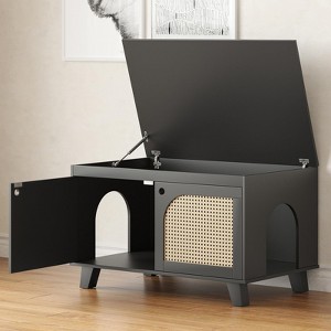 Lirago,Black Flip-Top Hidden Cat Litter Box Cabinet with Rattan Doors - Modern & Functional Pet Furniture - 1 of 4