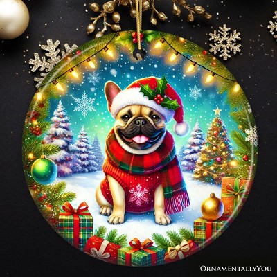 Festive French Bulldog Heart-Shaped Porcelain Ornament