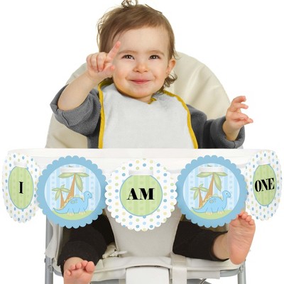 Big Dot of Happiness Baby Boy Dinosaur 1st Birthday Highchair Decor - I Am One - First Birthday High Chair Banner