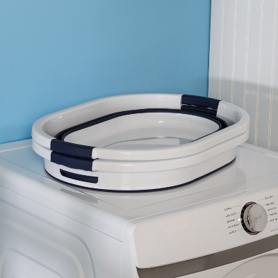 Navy Blue and White Collapsible Rubber Laundry Hampers, Set of 2