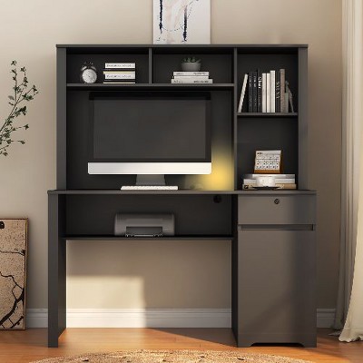 CENGHU Modern Home Office Desk with Lockable Drawer, 2 AC Outlets, 2 USB Ports, Computer Desk with Hutch & Bookshelf, Wood Executive Desk