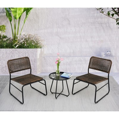 Bigget Outdoor Steel 3-Piece Wicker Bistro Rattan Patio Set, Brown