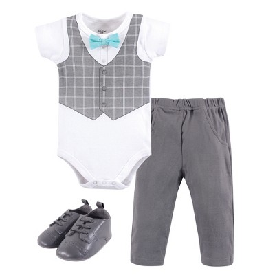 Image of Little Treasure Baby Boy Cotton Bodysuit, Pant and Shoe 3pc Set, Mint Bow Tie, 3-6 Months