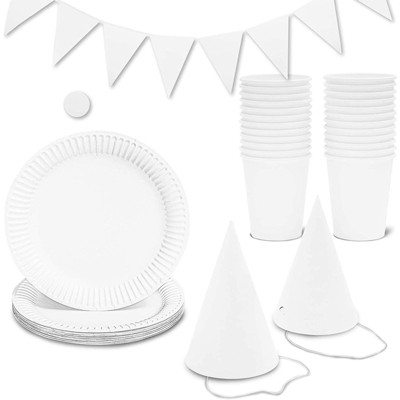 DIY Party Supplies, Blank Cups, Plates, Hats, Banner Serves 24 (White, 73-Pc)