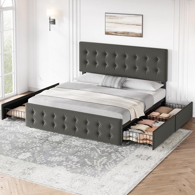 Whizmax Bed Frame with 4 Storage Drawers and Headboard, Faux Leather Upholstered Platform Bed Frame with Wooden Slats Support,  No Box Spring Needed