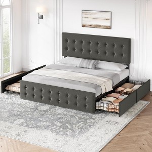 Whizmax Bed Frame with 4 Storage Drawers and Headboard, Faux Leather Upholstered Platform Bed Frame with Wooden Slats Support,  No Box Spring Needed - 1 of 4