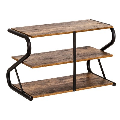 Matte Black Metal and Wood 3-Tier Shoe Rack