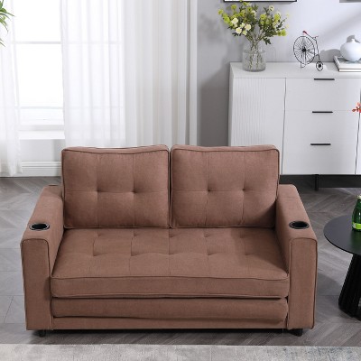 NicBex 3-in-1 Upholstered Convertible Sleeper Chair,Modern Pull-out Sofa Bed with Cup Holder Design,Couches with Side Pockets for Living Room,Brown