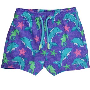RuggedButts Baby Boys UPF50+ Sun Protected Neon Stretch Swim Trunks - Neon Fin Friends, 0-3m - 1 of 4