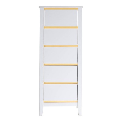White and Gold 5-Drawer Tall Chest with Faux Trim