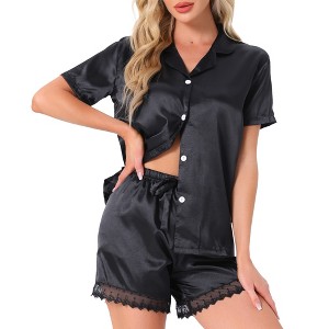 INSPIRE CHIC Women's Satin Silky Button Down Short Sleeve and Shorts with Lace Trim 2 Pcs Pajamas Set - 1 of 4