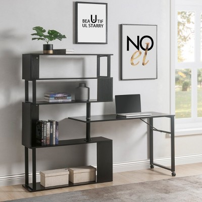 Modern Adjustable L-Shaped Home Office Corner Table,Rotating Computer Table with 5-Tier Storage Shelves,Lockable Casters-Baofuwish