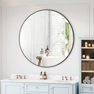 42" Black Circular Wall Mirror: Metal Frame, Round Vanity, Dressing - Chic for Bath, Living, Bed - 1 of 4