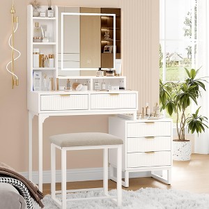 Make Up Vanity Set, Modern Make Up Table with Lighted Mirror, Side Storage Cabinet, White Vanity Desk and Stool - 1 of 4