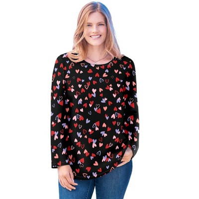 Woman Within Plus Size Perfect Printed Long-Sleeve Crewneck Tee