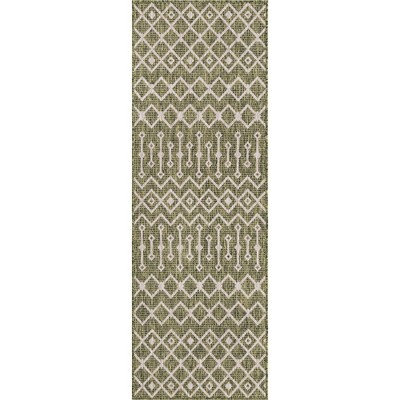 Green/Ivory Geometric Synthetic 2' x 8' Outdoor Runner