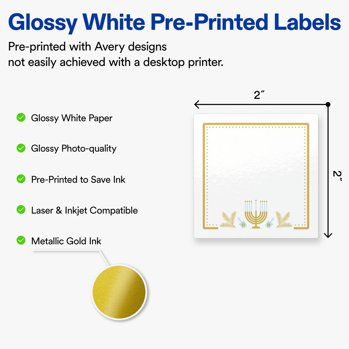 Avery® Labels, 2" x 2", Glossy, Gold Menorah Frame, 240 - thumbnail 2