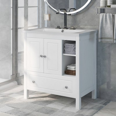 LOVMOR Bathroom Vanity with Ceramic Sink, Doors & Drawers, Modern Bathroom-Storage Cabinet, Solid Wood Frame Set
