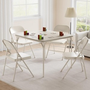 5-Piece Folding Table and Chair Set, PU Upholstered Foldable Card Table with 4 Metal Chairs, Portable Dining or Event Furniture, Beige - 1 of 4