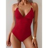 Eomenie One Piece Swimsuit for Women Ribbed Tummy Control Bathing Suit V Neck Slimming Swimwear Chain Linked Swim Suits - 2 of 3