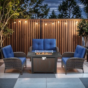 Buenhomino 5-Piece Patio Furniture Set with Fire Pit Table Wicker Outdoor Patio Chairs High Back Glider Loveseat Conversation Set - 1 of 4