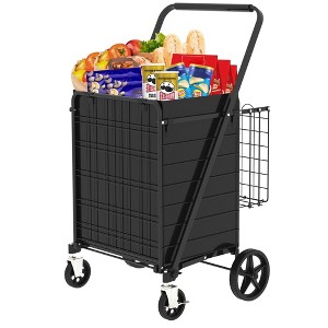 NAYSAYE Foldable Shopping Dolly Heavy Duty Utility Cart with Double Basket and Swivel Wheels for Groceries and Laundry, Antique Black, - 1 of 4