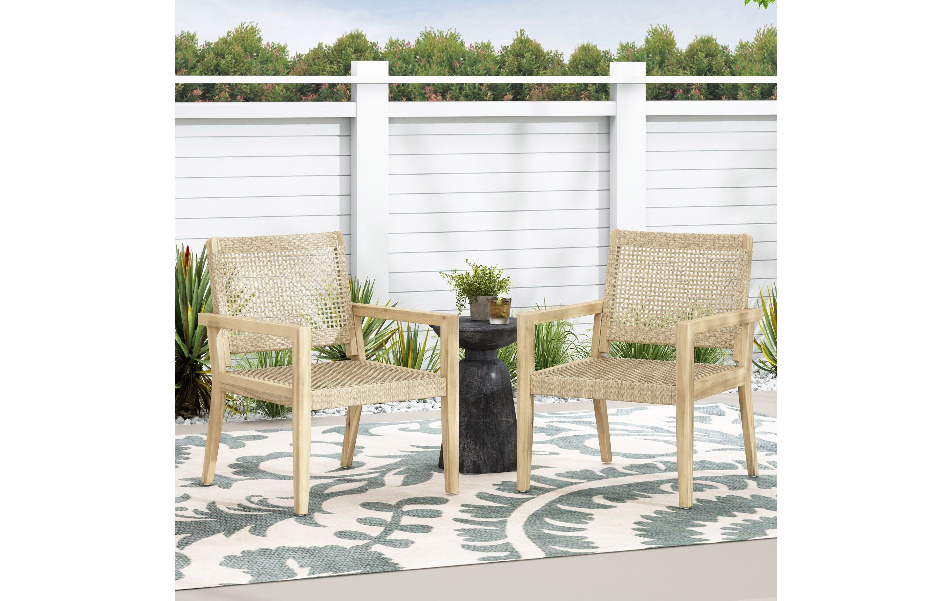 Set of 2 Brown Acacia Wood Outdoor Club Chairs with Flat Wicker Seating and Transitional Style for Patio or Deck-Baofuwish