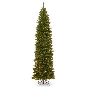 National Tree Company 9 ft Pre-Lit Artificial Slim Christmas Tree, Green, North Valley Spruce, White Lights, Includes Stand