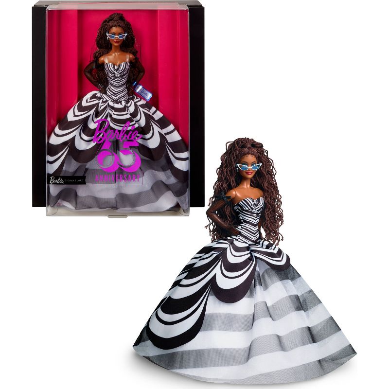 Barbie Signature 65th Blue Sapphire Anniversary Fashion Doll with Black Hair, Black and White Gown, 1 of 8