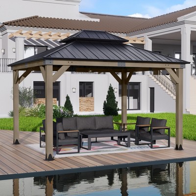 Aoodor  Wood Gazebo,Outdoor Upgrade Cedar Wooden Frame Gazebo with 2-Tier Galvanized Steel Roof