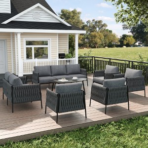 LayinSun 7 Piece Outdoor Furniture Set with Coffee Table, Modern Rope Woven Patio Conversation Sofa Set with Olefin - 1 of 4