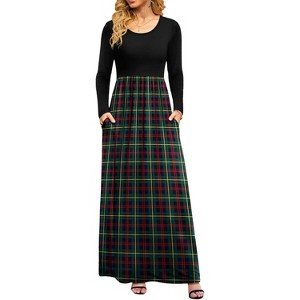 LEVEN Sixteen Long Sleeve Maxi Dress, Empire Waist with Pockets A-Green Plaid-3X-Large 3X-Large