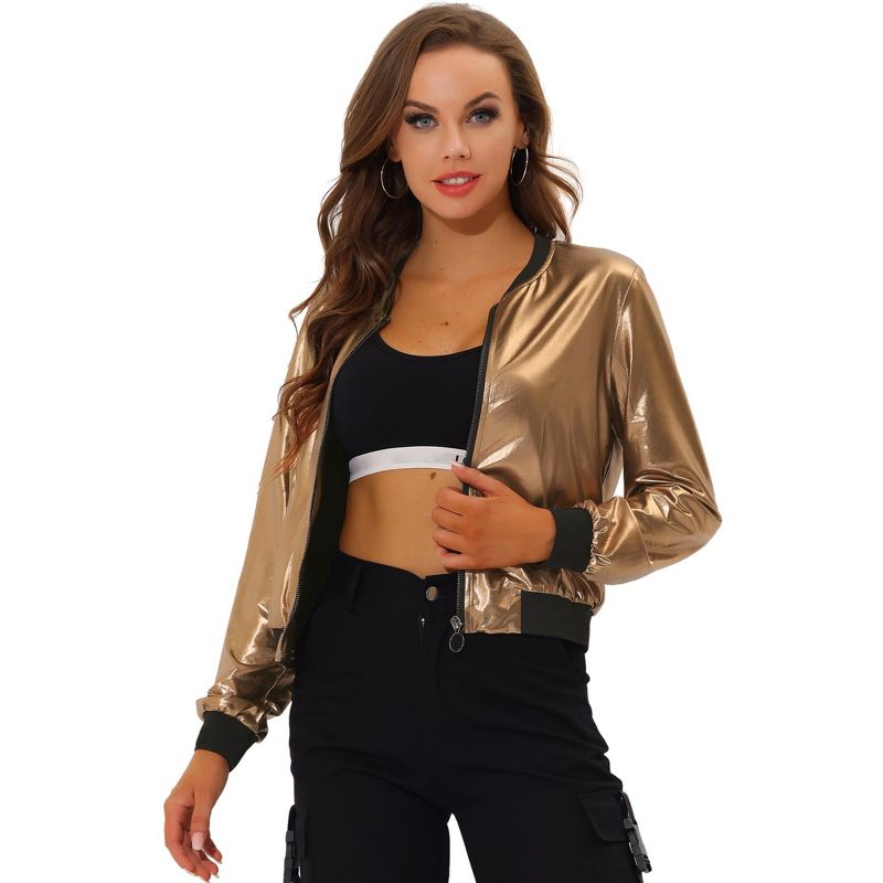 Allegra K Women's Holographic Fashion Stand Collar Metallic Lightweight Zip Bomber Jacket, 1 of 7