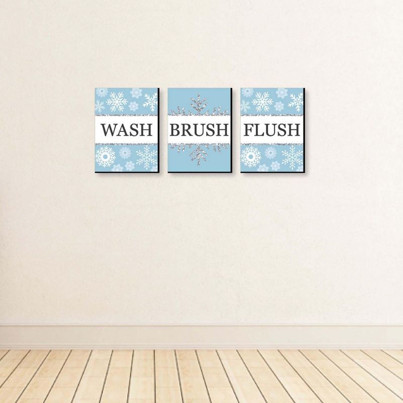 Big Dot of Happiness Winter Wonderland - Snowflake Kids Bathroom Rules Wall Art - 7.5 x 10 inches - Set of 3 Signs - Wash, Brush, Flush, 4 of 8