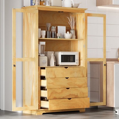 75" Kitchen Storage Cabinet with Glass Doors 4 Built-in Drawers Storage Pantry Display Cabinet for Living Room, Dining Room,Office-Tanpinhause