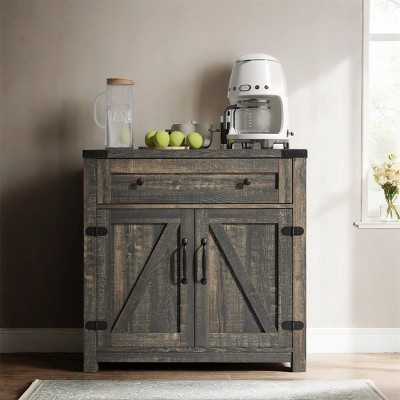 Modern Farmhouse Storage Cabinet, Cabinet Coffee Bar With 2 Doors And Drawer, Farmhouse Coffee Bar In Tobacco Wood-Cuddlewood