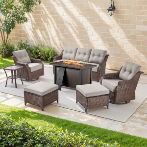 Buenhomino Patio Furniture Set with 43" Fire Pit Table-7 Pieces All Weather Wicker Outdoor Furniture with 6" Thick Cushion Swivel Patio Chairs - 1 of 4