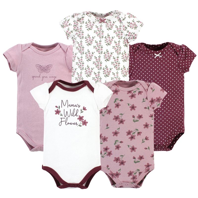 Hudson Baby Infant Girl Cotton Bodysuits, Plum Wildflower 5 Pack, 1 of 8