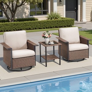 Buenhomino 3 Pieces Outdoor Wicker Swivel Rocker Patio Set, Swivel Rocking Chairs Wicker Patio Set with Cushions and Armored Glass Top Side Table - 1 of 4