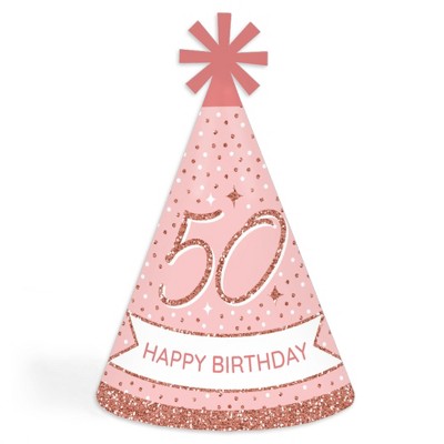 Big Dot of Happiness 50th Pink Rose Gold Birthday - Cone Happy Birthday Party Hats for Adults - Set of 8 (Standard Size)