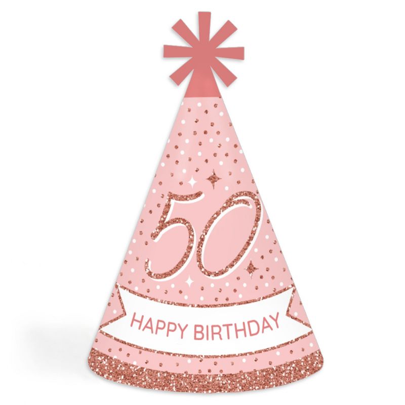Big Dot of Happiness 50th Pink Rose Gold Birthday - Cone Happy Birthday Party Hats for Adults - Set of 8 (Standard Size), 1 of 8