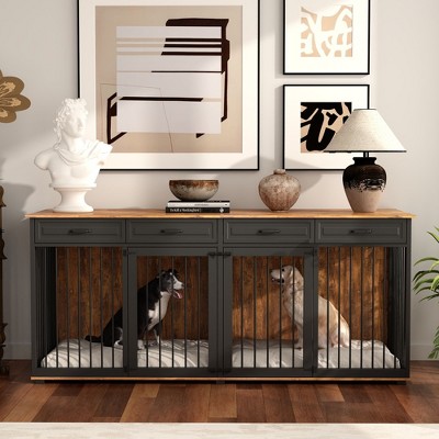 Famapy Large Dog Crate with Dual - Room: Brown Wood Grain,Metal Frame Ample Storage & Sturdy Build