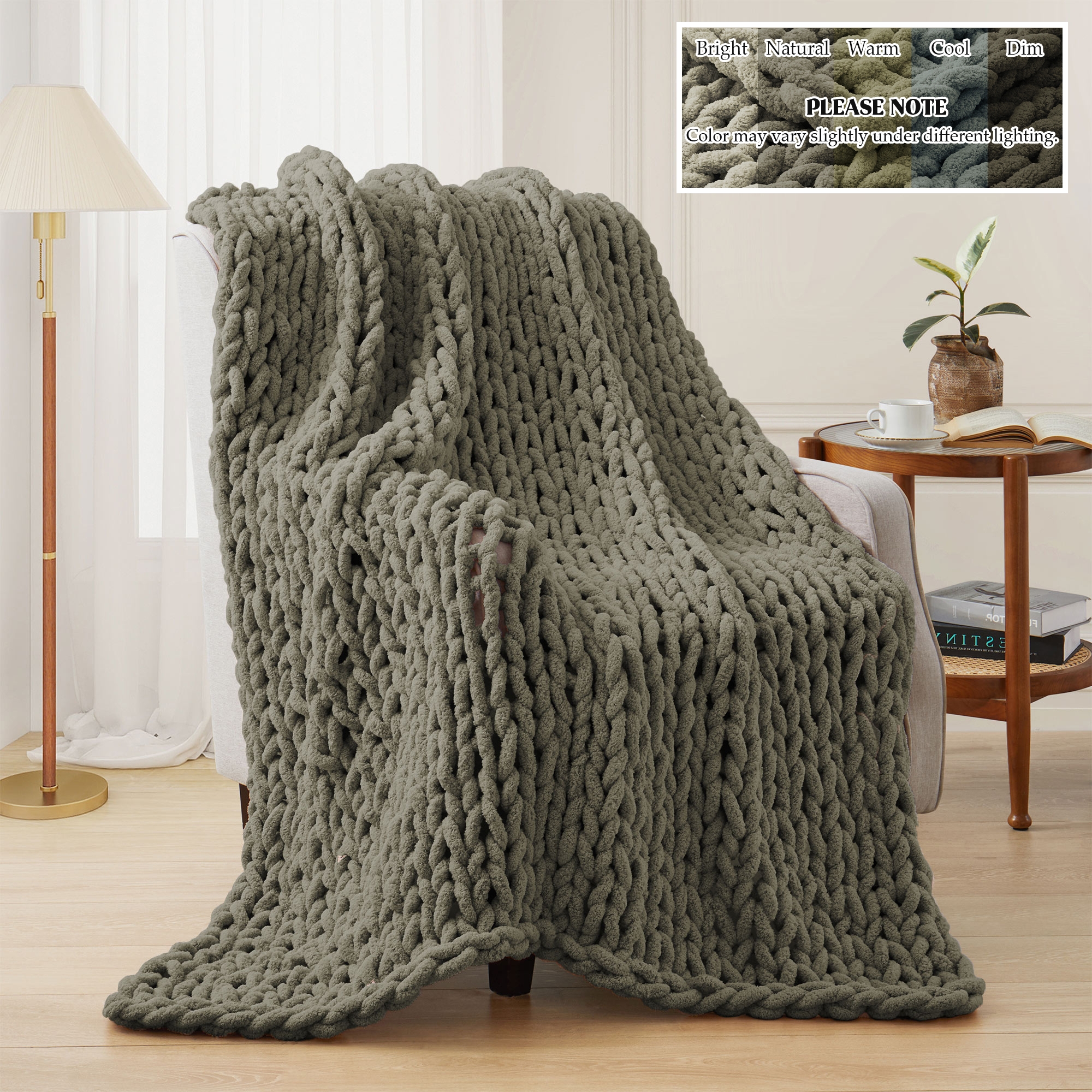 Peace Nest Handmade Chunky Knit Chenille Yarn Throw Blanket 50"x60", Sage Green