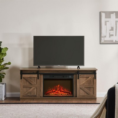 Hotraffy Modern Farmhouse TV Media Stand,with 23in  Fireplace Insert,Brown