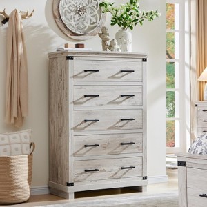 SinCiDo Farmhouse 5 Drawer Dresser, Rustic Wood Tall Chest w/Thick Plank Design, Closet Dresser for Bedroom, Living Room - 1 of 4