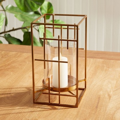 Gold Geometric Iron and Glass Hurricane Candle Holder