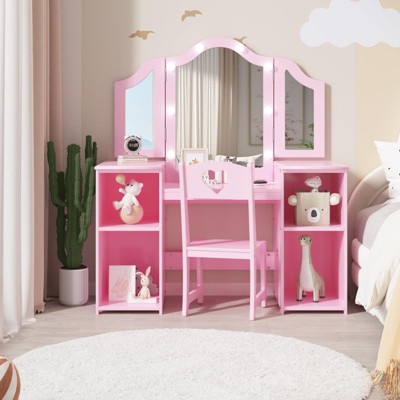 Kids Vanity with Lights, Makeup Desk Chair Set with Storage Shelves Cabinet, Toddler Dressing Table with Mirror, Pretend Play Vanity Set for Girls