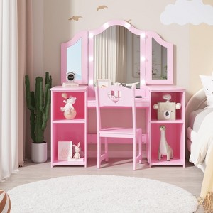 Kids Vanity with Lights, Makeup Desk Chair Set with Storage Shelves Cabinet, Toddler Dressing Table with Mirror, Pretend Play Vanity Set for Girls - 1 of 4